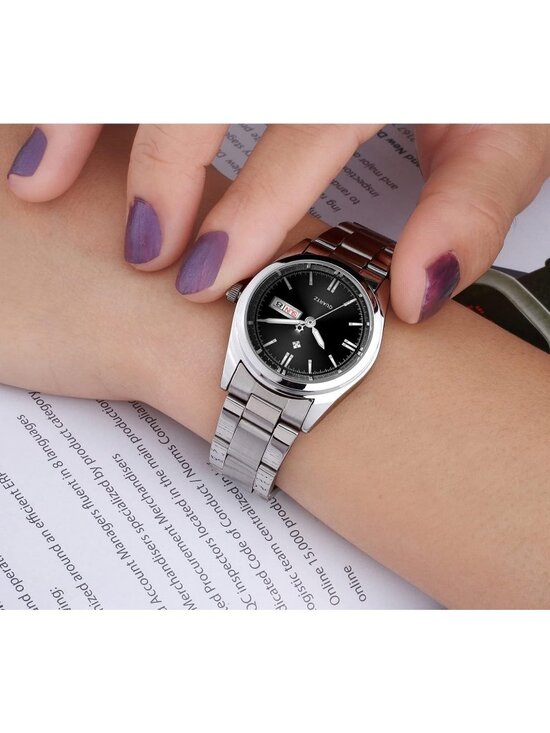 Womens Black Dial Analog Quartz Silver Stainless Steel Luminous Waterproof Watch